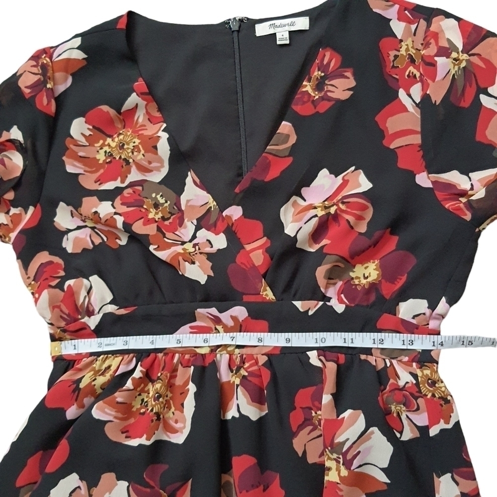 Madewell Mini Red Black Floral Dress Short Sleeves V-neck Size 4 Flowy - Picture 10 of 12